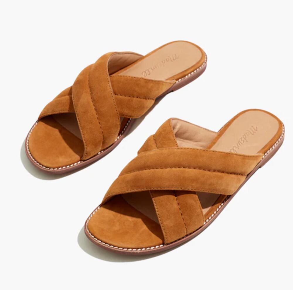 Madewell The Skyler Suede Slides Camel Tan Slip-On Sandals Sz 9.5 Leather Lined